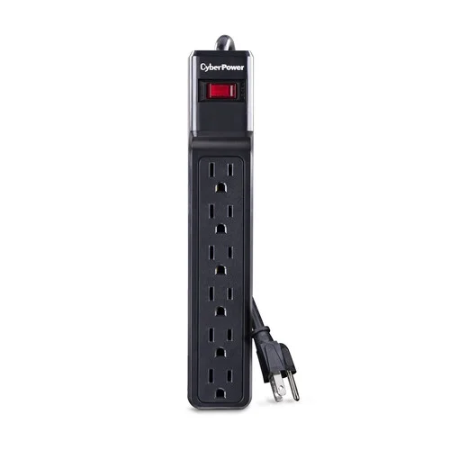 Front view of a black 6-outlet essential surge protector strip featuring a heavy-duty 12-foot power cord and master switch.