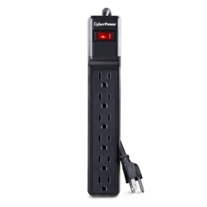 Front view of a black 6-outlet surge protector strip with a 4-foot power cord and 900 Joules of protection.