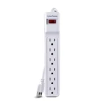Front view of an Essential 6-outlet surge protector in a white finish with a standard wall-plug cord.