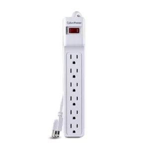 Front view of an Essential 6-outlet surge protector in a white finish with a standard wall-plug cord.