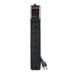 Front view of an Essential 7-outlet surge protector in black with a standard wall-plug cord and 1500 Joules of protection.