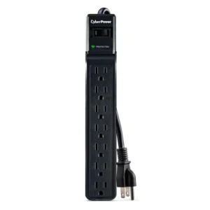 Front view of an Essential 7-outlet surge protector in black with a standard wall-plug cord and 1500 Joules of protection.