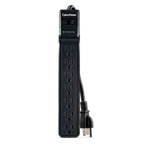 Front view of an Essential 7-outlet surge protector in black with a standard wall-plug cord and 1500 Joules of protection.