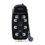 Front view of CyberPower Home Theater surge protector featuring 8 gold-plated outlets and LED diagnostic lights for grounded protection.