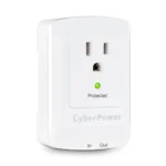 Front view of a white single-outlet wall tap surge protector with a widely spaced socket for large transformer plugs.