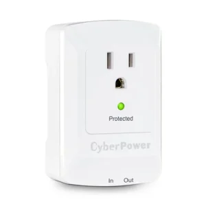 Front view of a white single-outlet wall tap surge protector with a widely spaced socket for large transformer plugs.