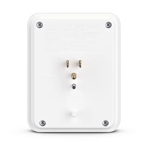 Rear view showing the integrated NEMA 5-15P 3-prong plug designed to sit flush against a standard wall outlet.
