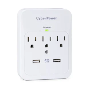 Front view of a white wall-tap surge protector featuring 3 AC outlets and two USB charging ports for mobile devices.