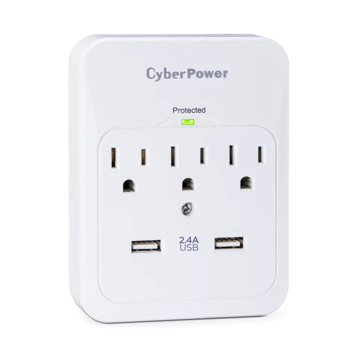 Front view of a white wall-tap surge protector featuring 3 AC outlets and two USB charging ports for mobile devices.
