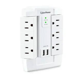 Front view of a 6-outlet white wall-tap surge protector with 1200 Joules of protection and two USB charging ports.