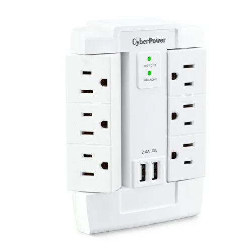 Front view of a 6-outlet white wall-tap surge protector with 1200 Joules of protection and two USB charging ports.