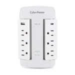 Front view of a wall-tap surge protector with 6 rotatable outlets and 2 USB charging ports for mobile devices.