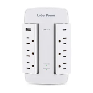 Front view of a wall-tap surge protector with 6 rotatable outlets and 2 USB charging ports for mobile devices.
