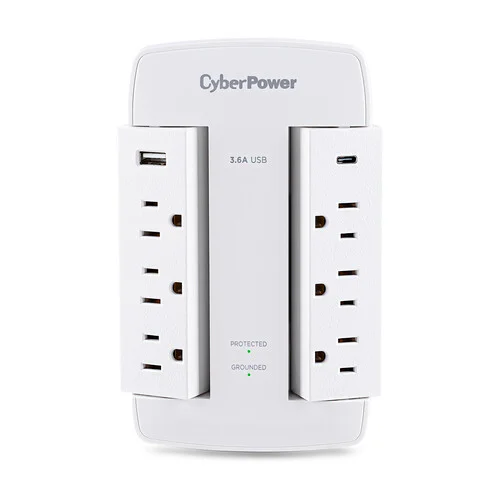 Front view of a wall-tap surge protector with 6 rotatable outlets and 2 USB charging ports for mobile devices.