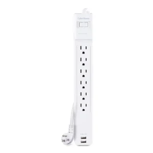 Front view of CyberPower 6-outlet surge protector featuring high-speed USB ports and 900 Joules of protection.