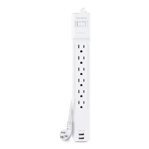 Front view of CyberPower 6-outlet surge protector featuring high-speed USB ports and 900 Joules of protection.