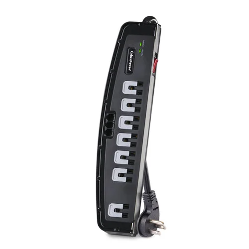 Front view of CyberPower Professional surge protector with 7 outlets, including widely spaced transformer-friendly plugs.