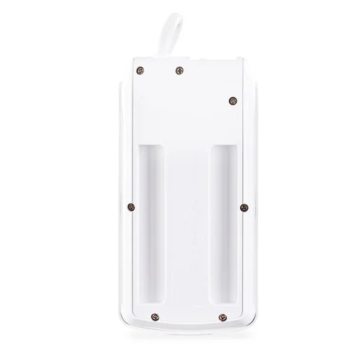 Rear view showing the durable impact-resistant housing and the safety information labeling.