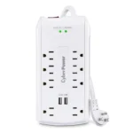 Front view of CyberPower surge protector with 8 protected outlets and integrated USB charging ports for mobile devices.