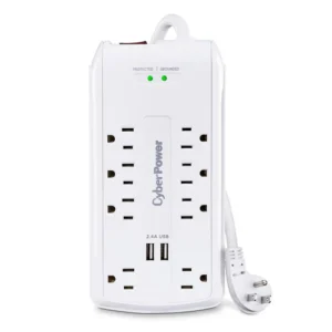 Front view of CyberPower surge protector with 8 protected outlets and integrated USB charging ports for mobile devices.