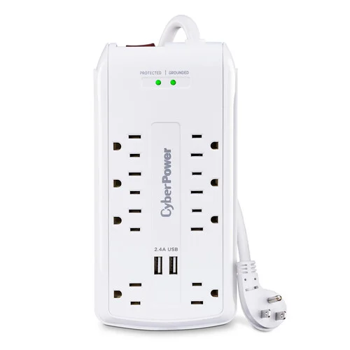 Front view of CyberPower surge protector with 8 protected outlets and integrated USB charging ports for mobile devices.