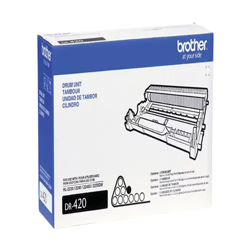 Side view of Brother DR420 drum unit showing cylindrical housing profile