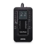 Front view of a compact green-and-black Ecologic UPS showing 8 outlets on the top face (4 battery/surge, 4 surge only) and LED status lights.