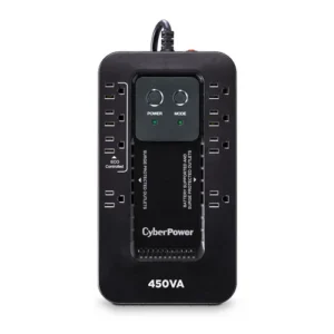 Front view of a compact green-and-black Ecologic UPS showing 8 outlets on the top face (4 battery/surge, 4 surge only) and LED status lights.