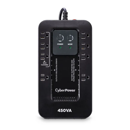 Front view of a compact green-and-black Ecologic UPS showing 8 outlets on the top face (4 battery/surge, 4 surge only) and LED status lights.