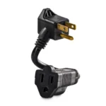 Front view of a short 6-inch black extension cord branching into two NEMA 5-15R grounded outlets.