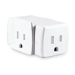 Front view of a 3-sided white outlet adapter showing a NEMA 5-15R outlet on each of the three exposed sides.