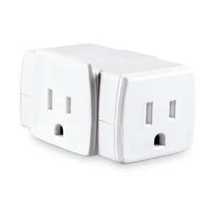 Front view of a 3-sided white outlet adapter showing a NEMA 5-15R outlet on each of the three exposed sides.