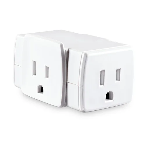 Front view of a 3-sided white outlet adapter showing a NEMA 5-15R outlet on each of the three exposed sides.