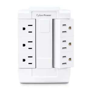 Front view of a white wall tap adapter showing six NEMA 5-15R outlets in a high-density 3-row layout.