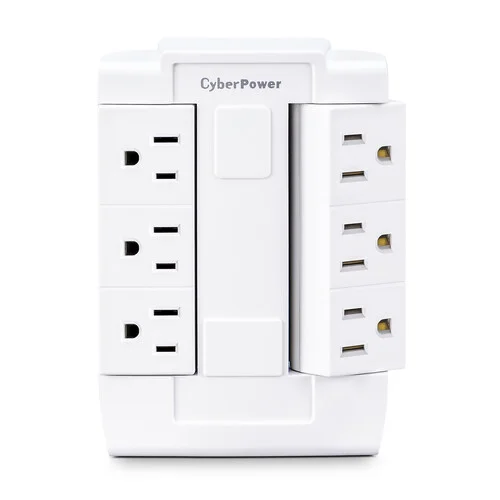 Front view of a white wall tap adapter showing six NEMA 5-15R outlets in a high-density 3-row layout.