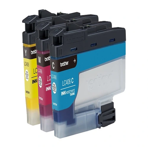 Front view of Brother LC406 3-pack ink cartridge set with packaging and labels