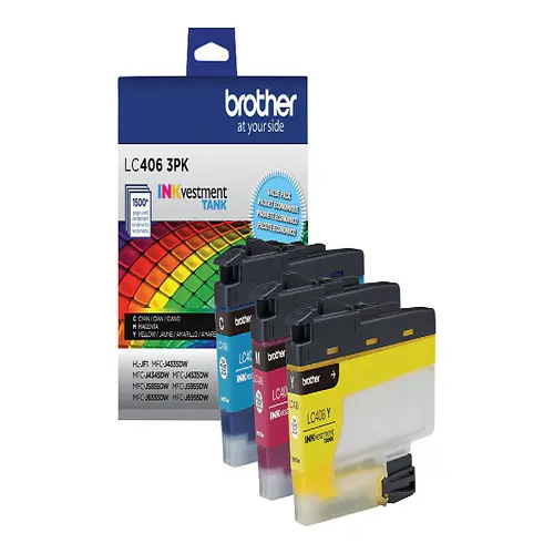 Side view of Brother LC406 3-pack ink package showing box thickness and side panel