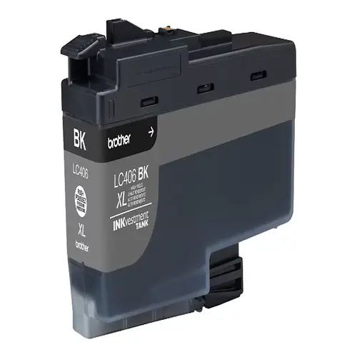 Front view of Brother LC406XLBKS high-yield black ink cartridge with label