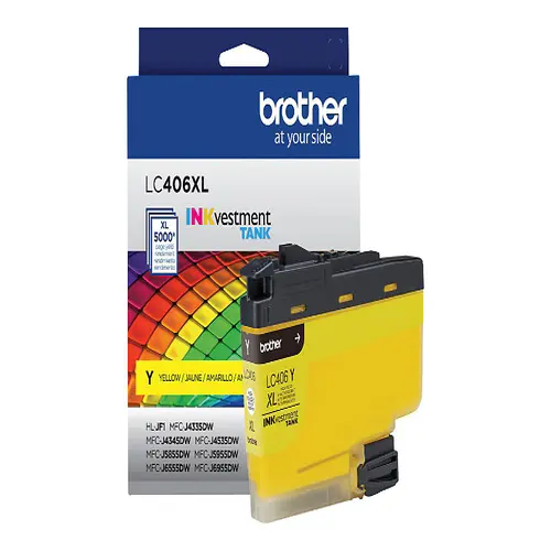 Side view of Brother LC406XLYS ink cartridge showing cartridge shape and thickness