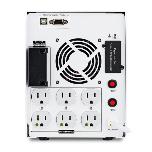 Rear view showing 6 NEMA 5-15P-HG hospital-grade outlets and a specialized grounding terminal for safety.