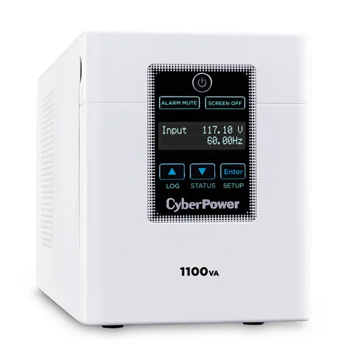 Front view of a medical-grade UPS tower featuring an LCD display and professional white/blue medical finish.