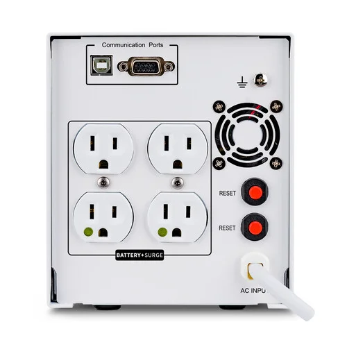 Rear view showing 4 NEMA 5-15R-HG hospital-grade outlets and a dedicated grounding terminal for safety.