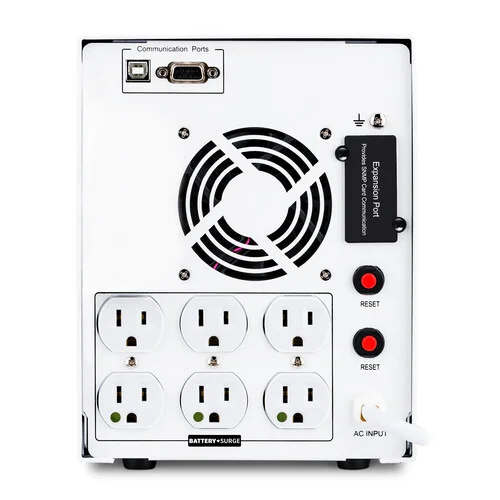 Rear view showing 4 NEMA 5-15R-HG hospital-grade outlets and a dedicated grounding terminal.
