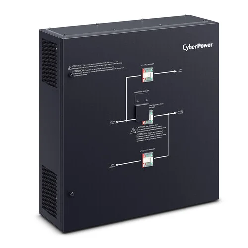 Front view of an industrial circuit breaker for UPS modules featuring a manual toggle switch and status labels.