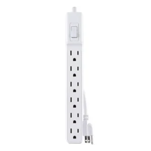 Front view of a 2-pack of white 6-outlet power strips featuring a master power switch and a slim, low-profile housing.