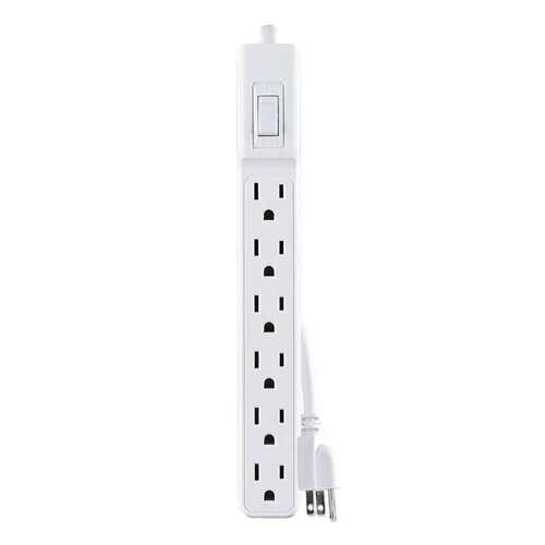 Front view of a 2-pack of white 6-outlet power strips featuring a master power switch and a slim, low-profile housing.