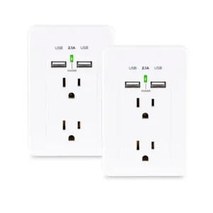 Front view of a 2-pack of white wall taps, each featuring 3 AC outlets and 2 USB-A charging ports.