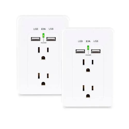 Front view of a 2-pack of white wall taps, each featuring 3 AC outlets and 2 USB-A charging ports.