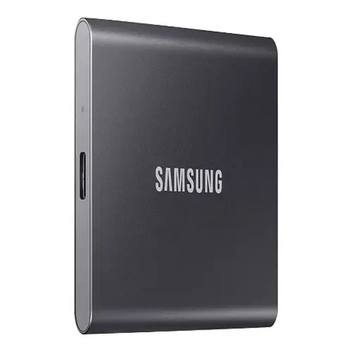 Front view of Samsung T7 1TB portable SSD in a vibrant Titan Grey metallic finish with a minimalist power indicator LED.