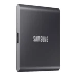 Front view of Samsung T7 2TB portable SSD in a sleek, smooth indigo blue metallic finish with a compact credit-card-sized profile.